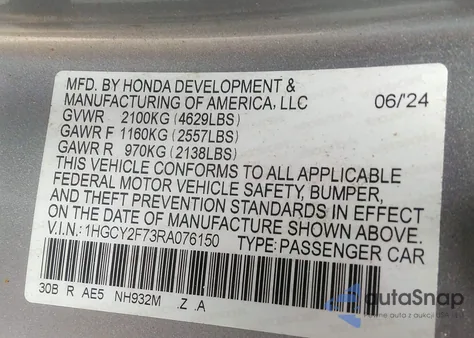 2024 Honda Accord Hybrid Sport-L z USA, uszkodzony, nr VIN 1HGCY2F73RA076150
